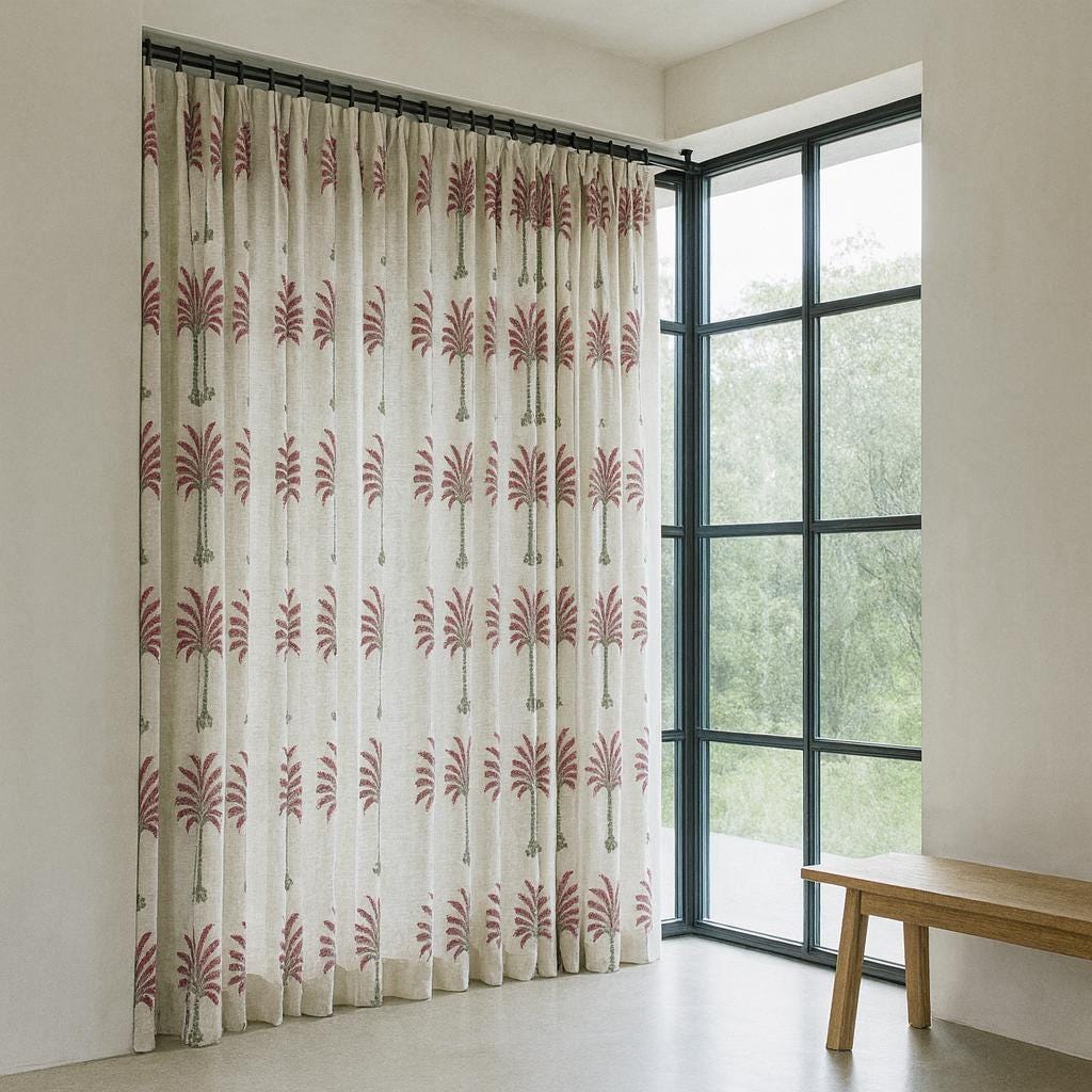 Hand Block Printed Cotton Curtains, White & Magenta Palm (Custom Width and Height) — image 1