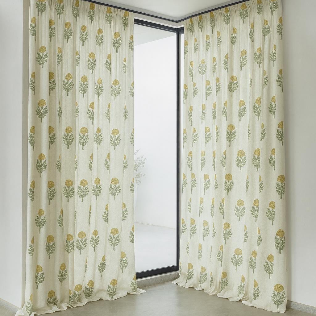 Organic Cotton Curtains: Hand Block-Printed Floral Design (Multiple Sizes & Linings) — image 3