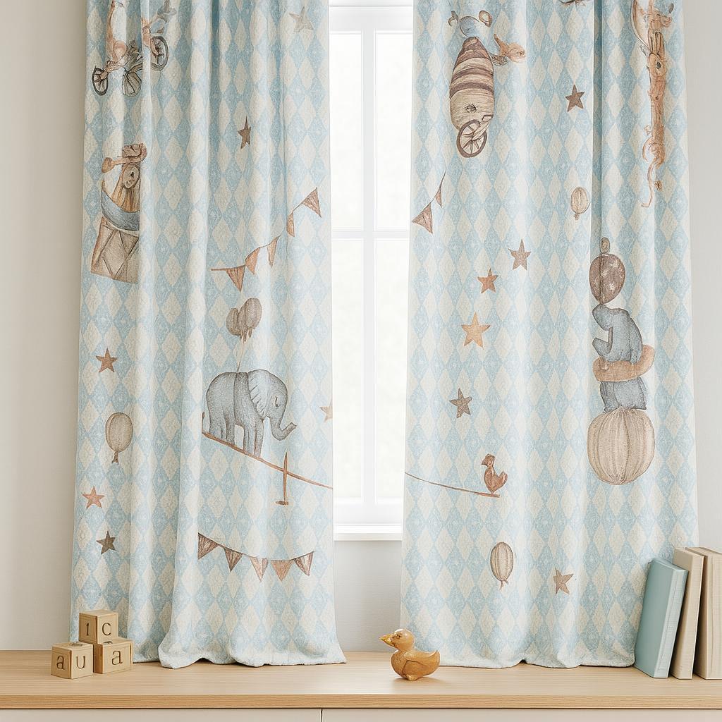 Circus Animal Curtains: Blue Harlequin Linen (Blackout or Cotton Lined) — image 3