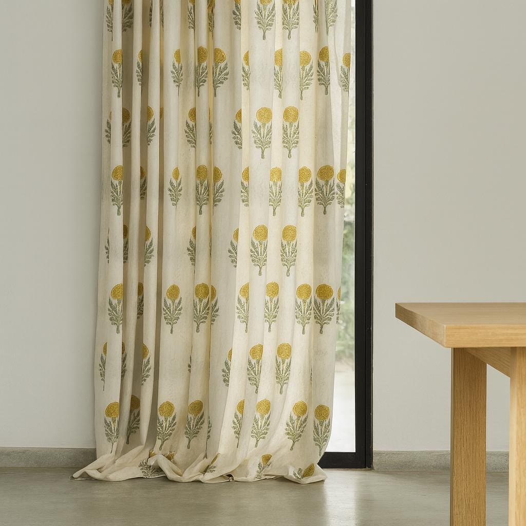 Organic Cotton Curtains: Hand Block-Printed Floral Design (Multiple Sizes & Linings) — image 4
