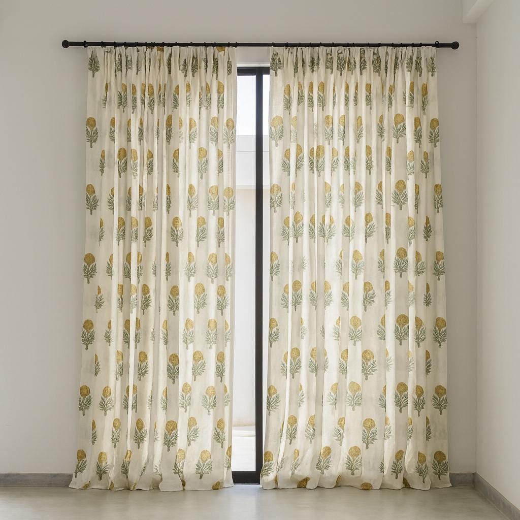 Organic Cotton Curtains: Hand Block-Printed Floral Design (Multiple Sizes & Linings) — image 7