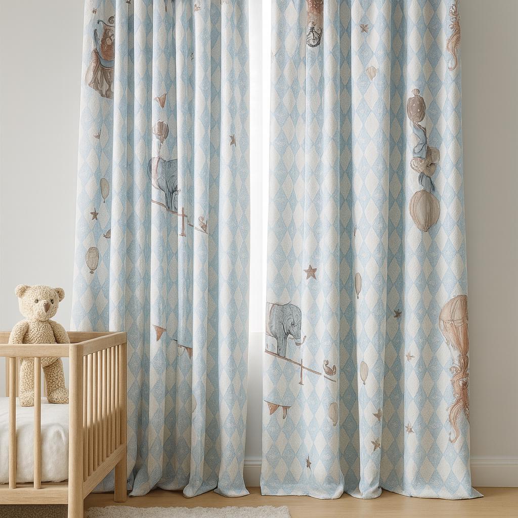 Circus Animal Curtains: Blue Harlequin Linen (Blackout or Cotton Lined) — image 7