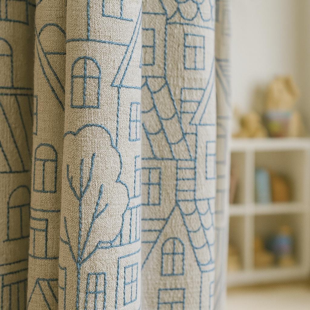 Embroidered Kids Curtains: Blue Cityscape on Beige Linen (Multiple Liners) — image 1