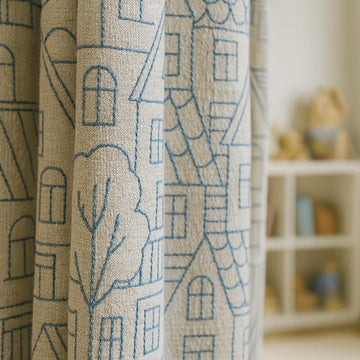 Embroidered Kids Curtains: Blue Cityscape on Beige Linen (Multiple Liners) — image 1