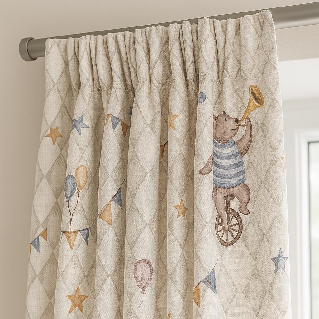 Nursery Blackout Linen Curtains: Light Gray Harlequin, Pastel Circus — image 1