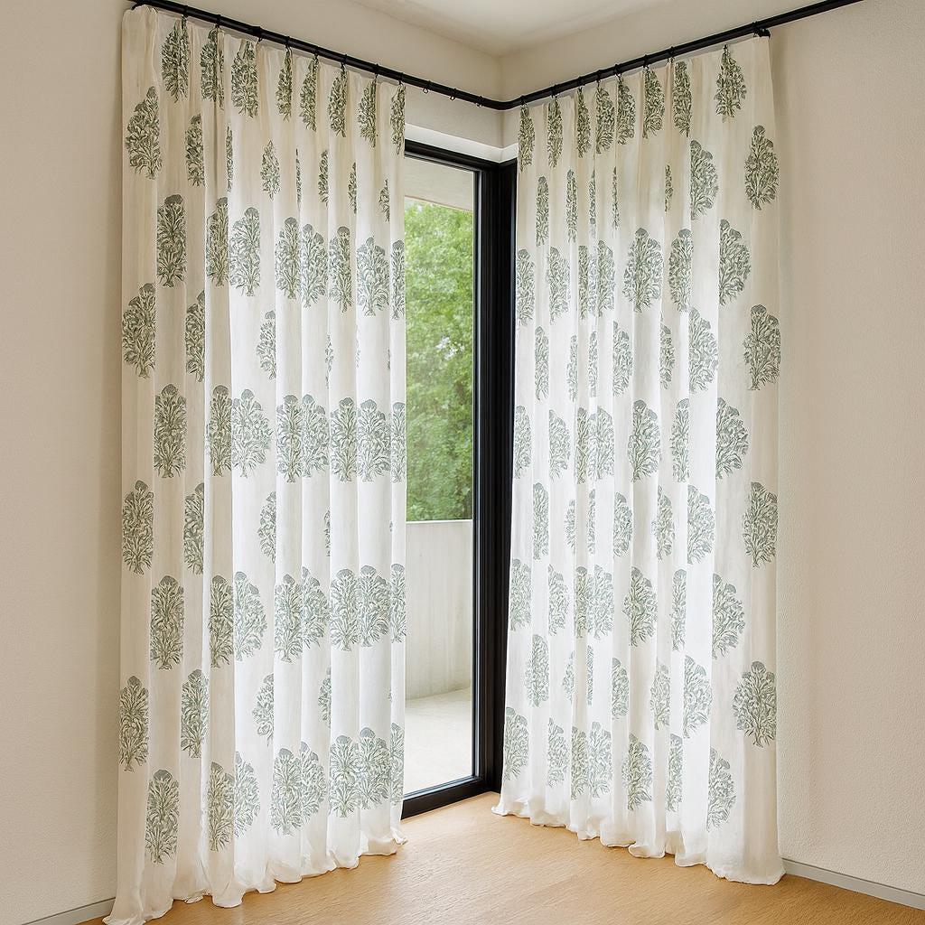 Block Print Curtains: Organic Cotton Floral Blue-Grey Sage (Custom Sizes) — image 1