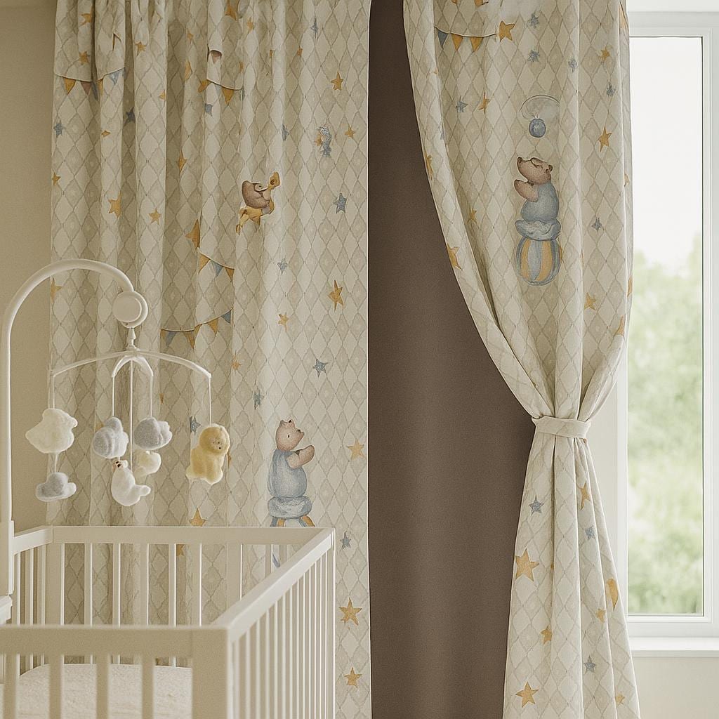 Nursery Blackout Linen Curtains: Light Gray Harlequin, Pastel Circus — image 1