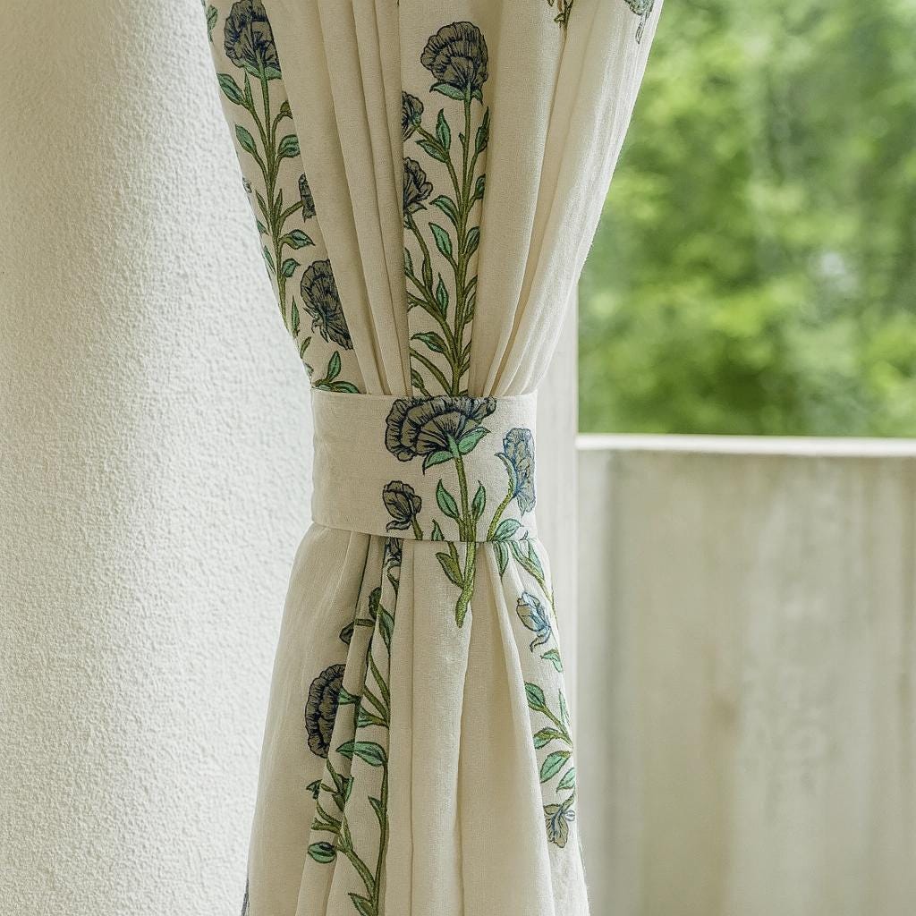 Block Print Curtains: Organic Cotton Floral Blue-Grey Sage (Custom Sizes) — image 4