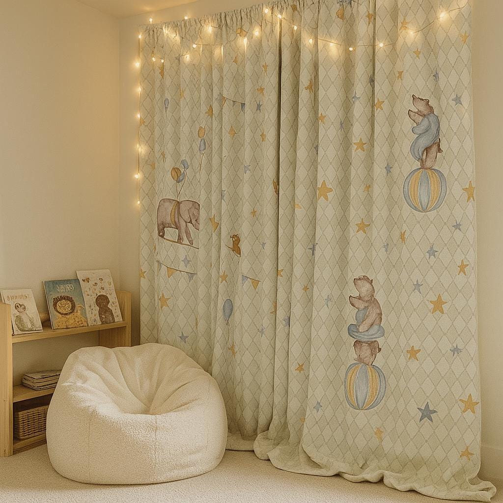 Nursery Blackout Linen Curtains: Light Gray Harlequin, Pastel Circus — image 4