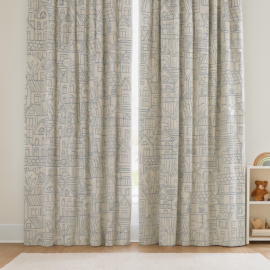 Embroidered Kids Curtains: Blue Cityscape on Beige Linen (Multiple Liners) — image 5