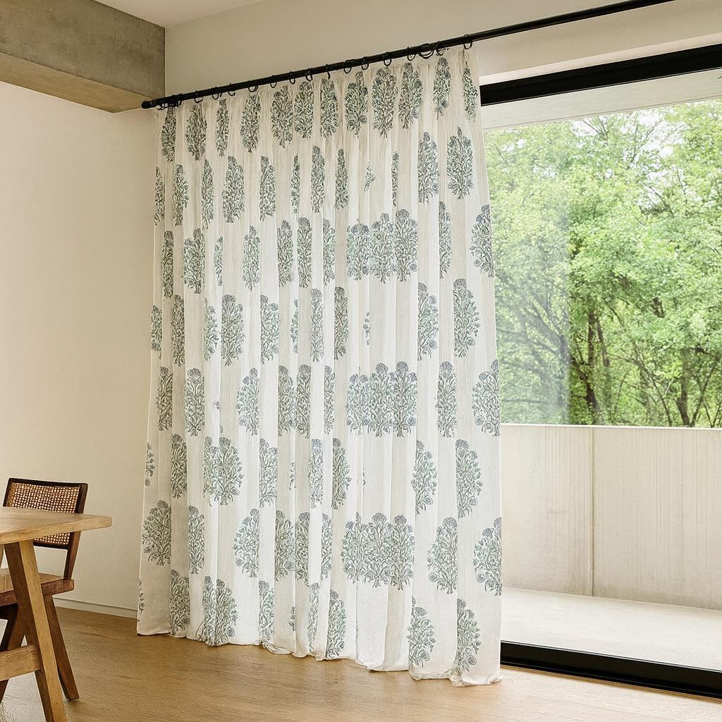 Block Print Curtains: Organic Cotton Floral Blue-Grey Sage (Custom Sizes) — image 7