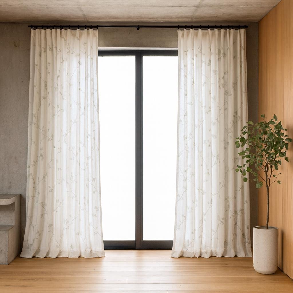 White Linen Sheer Curtains: Eucalyptus Vine Embroidery (Hooks, Grommets, Rod Pocket) — image 5
