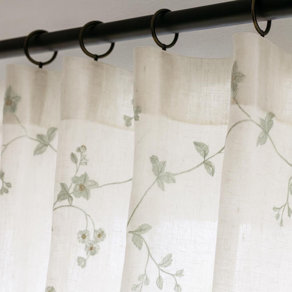 White Linen Sheer Curtains: Eucalyptus Vine Embroidery (Hooks, Grommets, Rod Pocket) — image 6
