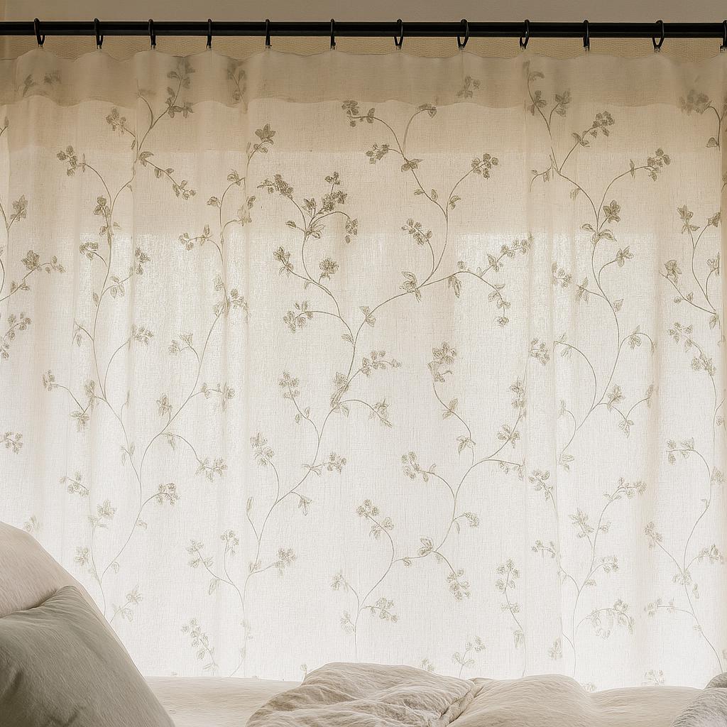 White Linen Sheer Curtains: Eucalyptus Vine Embroidery (Hooks, Grommets, Rod Pocket) — image 7