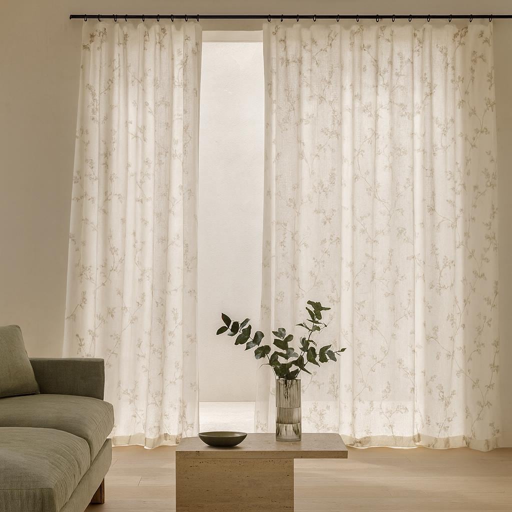 White Linen Sheer Curtains: Eucalyptus Vine Embroidery (Hooks, Grommets, Rod Pocket) — image 9