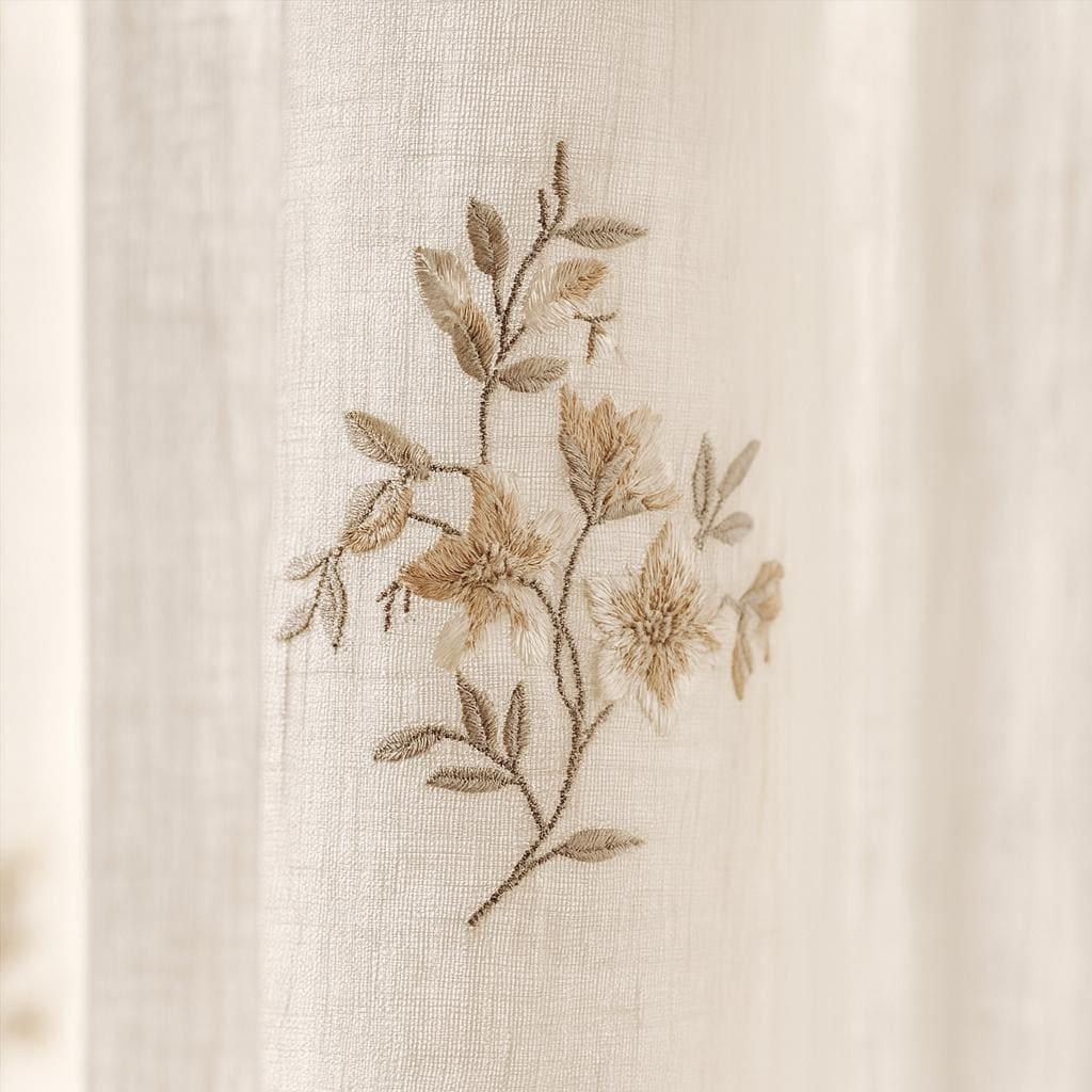 Sheer Linen Curtains: Neutral Floral Embroidery (Custom Width & Height) — image 3
