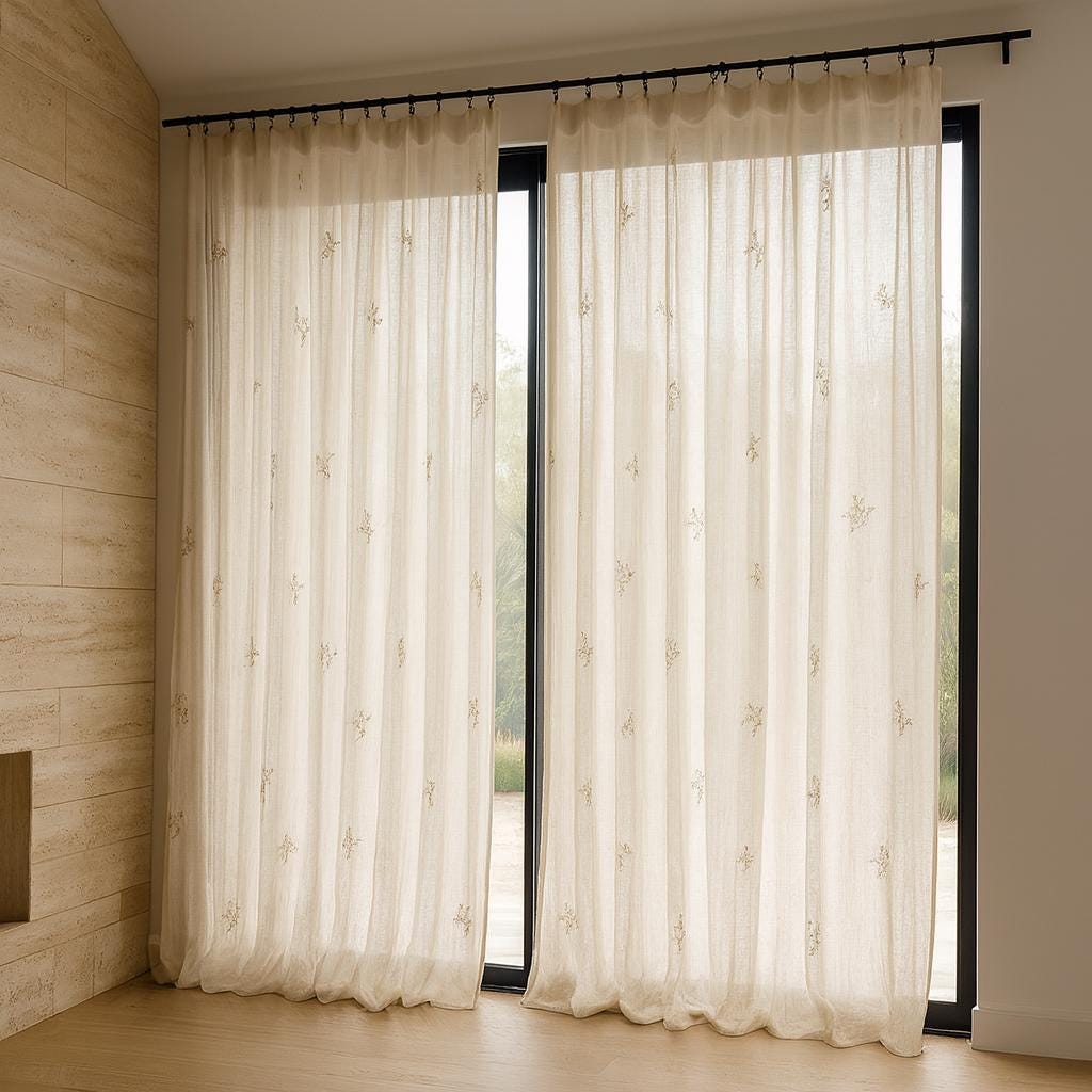 Sheer Linen Curtains: Neutral Floral Embroidery (Custom Width & Height) — image 4