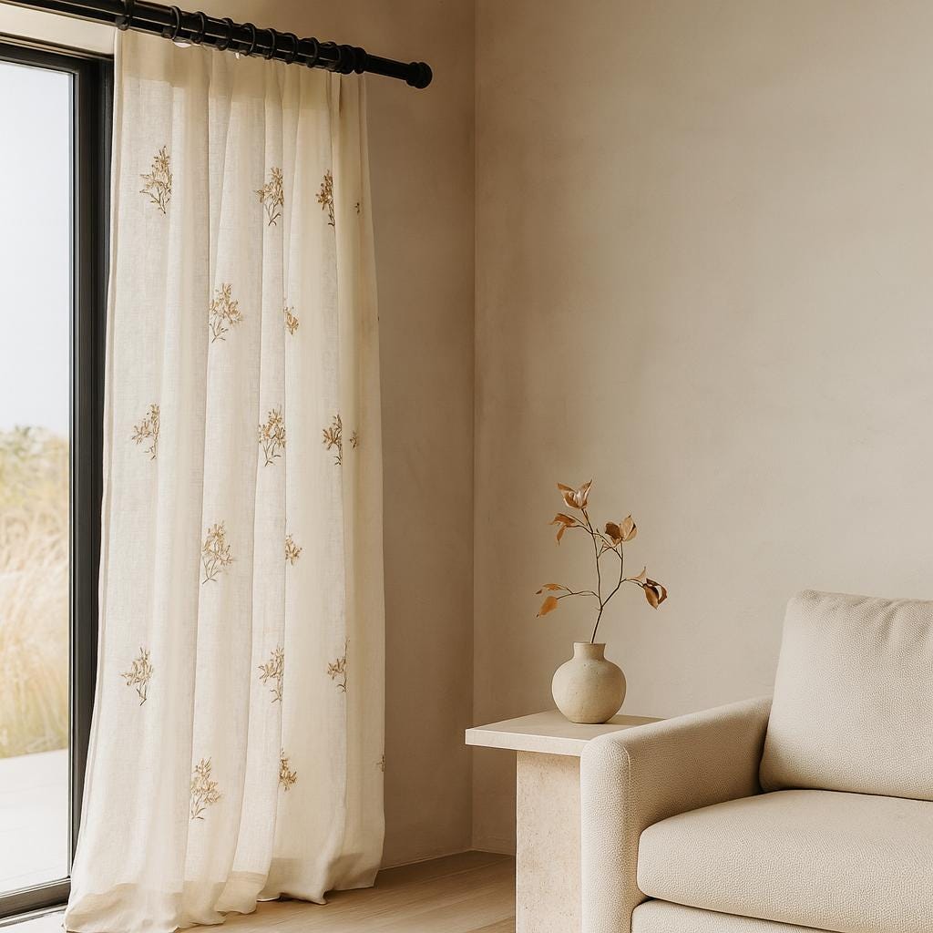Sheer Linen Curtains: Neutral Floral Embroidery (Custom Width & Height) — image 7