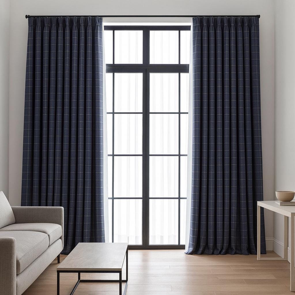 Navy Windowpane Check Curtains: Organic Linen Blackout Panels — image 7