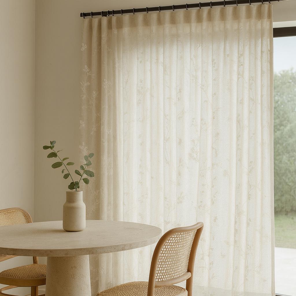 Sheer Linen Curtains: Ivory Floral Embroidery - Custom Sizes & Styles — image 1