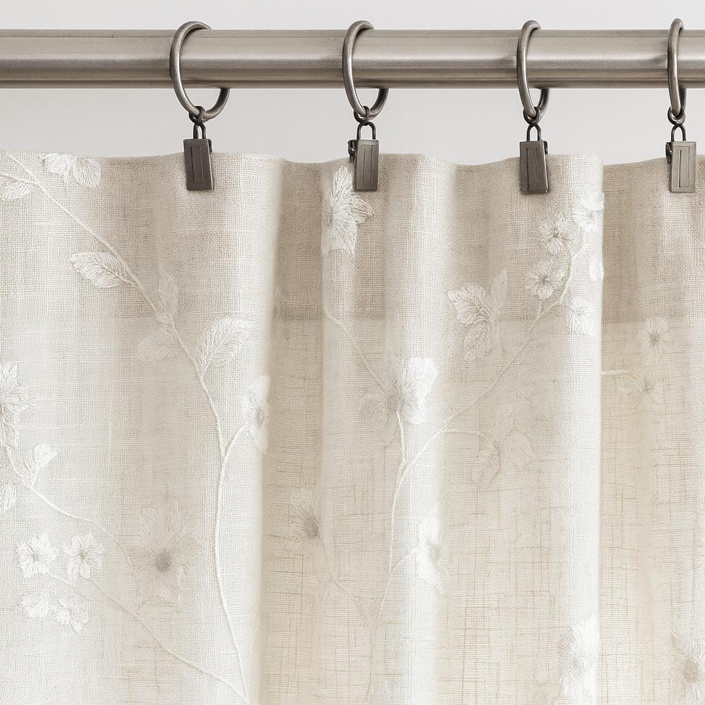 Sheer Linen Curtains: Ivory Floral Embroidery - Custom Sizes & Styles — image 5