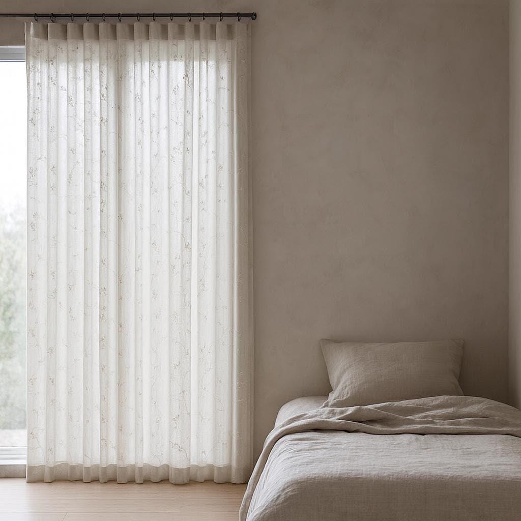 Sheer Linen Curtains: Ivory Floral Embroidery - Custom Sizes & Styles — image 6