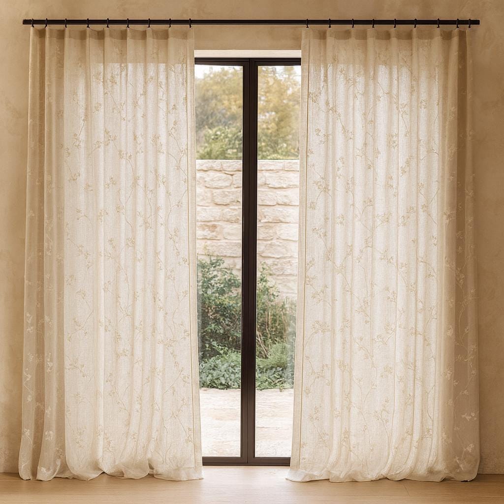 Sheer Linen Curtains: Ivory Floral Embroidery - Custom Sizes & Styles — image 8