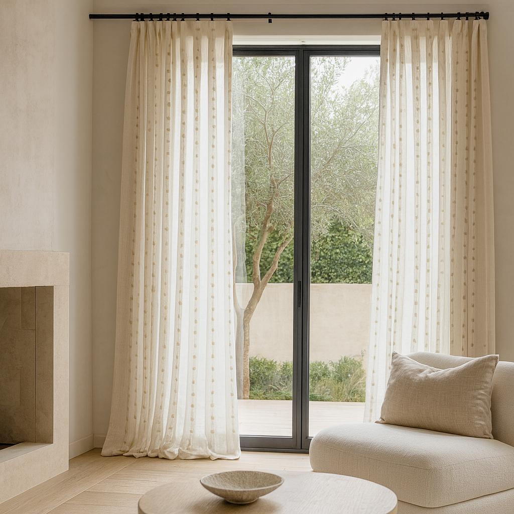 Embroidered Linen Sheer Curtains: Ivory with Stone-Beige Dots — image 4