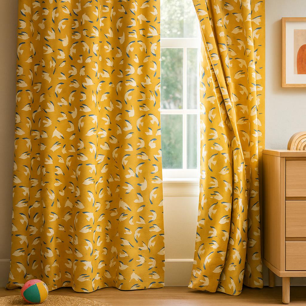 Organic Cotton Kids Curtains: Mustard Seagull Print, Custom Size — image 5
