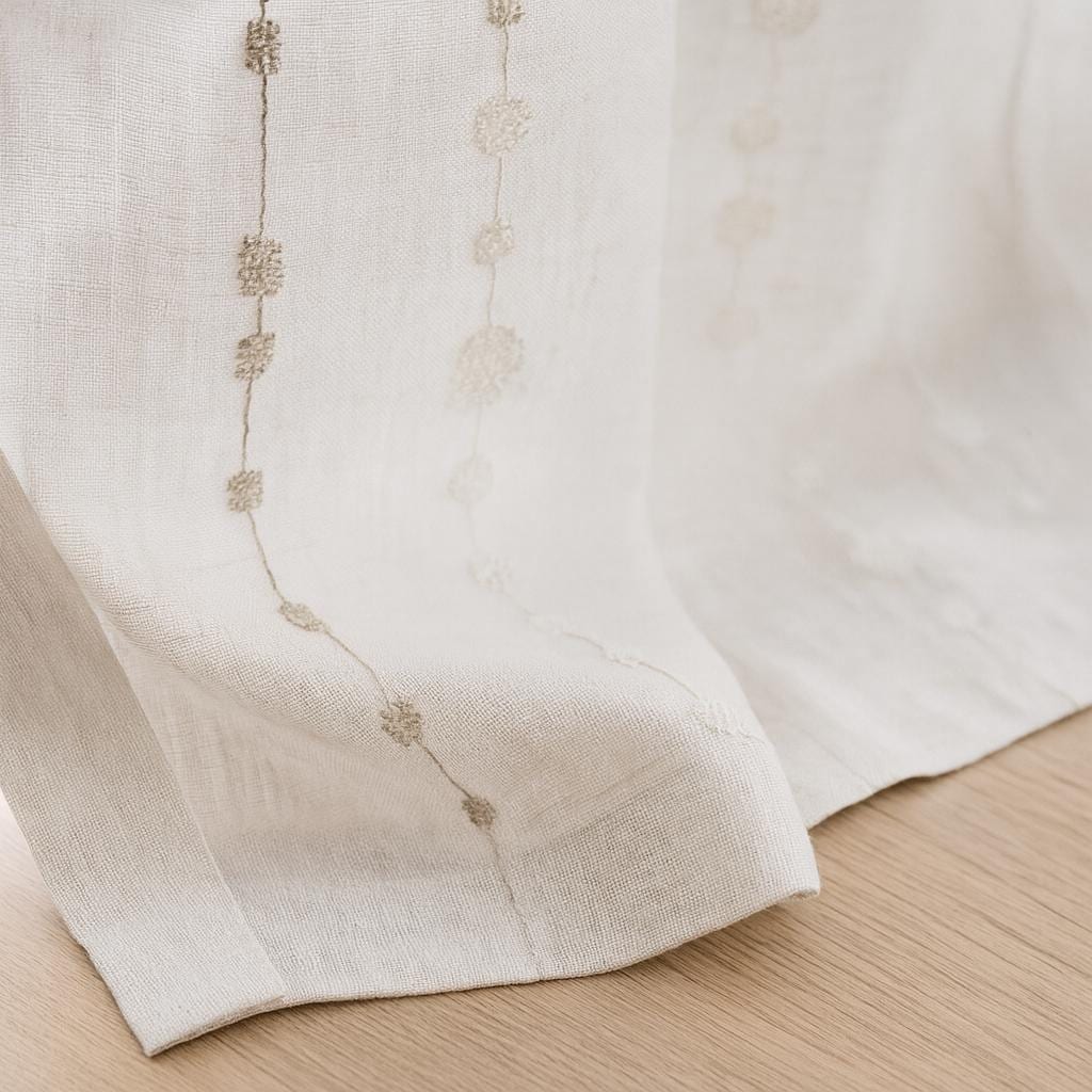 Embroidered Linen Sheer Curtains: Ivory with Stone-Beige Dots — image 5