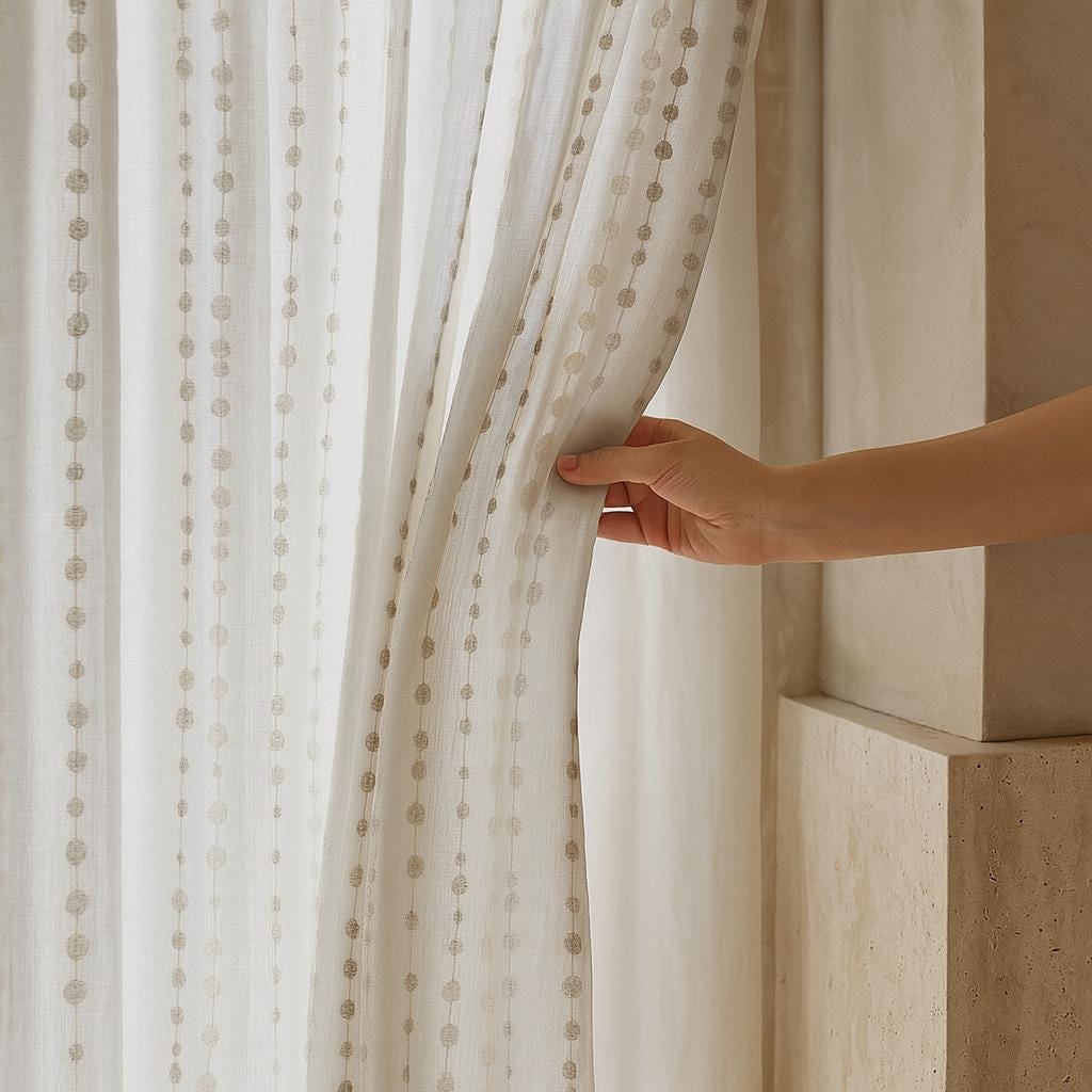 Embroidered Linen Sheer Curtains: Ivory with Stone-Beige Dots — image 6