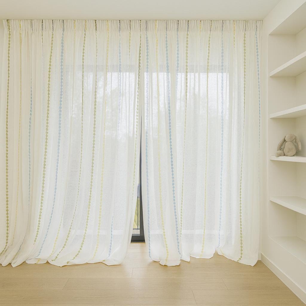 Nursery Sheer Curtains: White Linen with Colorful Embroidered Stripes - Custom Sizes — image 7
