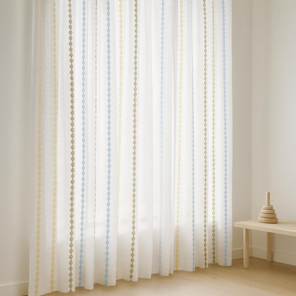 Nursery Sheer Curtains: White Linen with Colorful Embroidered Stripes - Custom Sizes — image 8