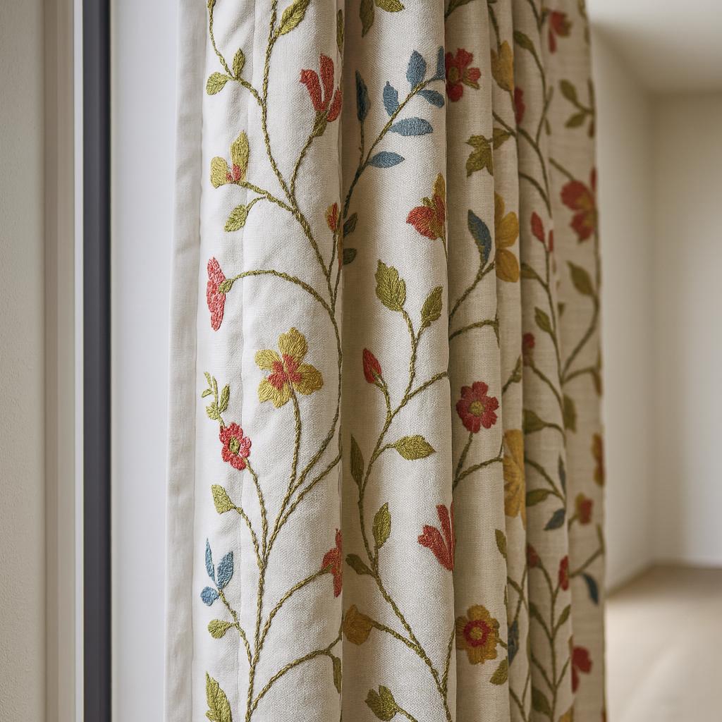 Linen Curtain Panel: White Floral Vine Embroidery (Blackout or Light-Filtering) — image 1