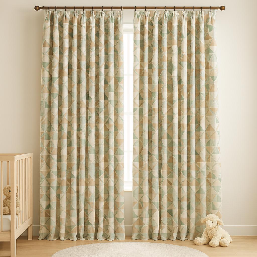 Linen Blackout Curtains - Sage, Sand & Taupe Triangles on Ivory — image 2