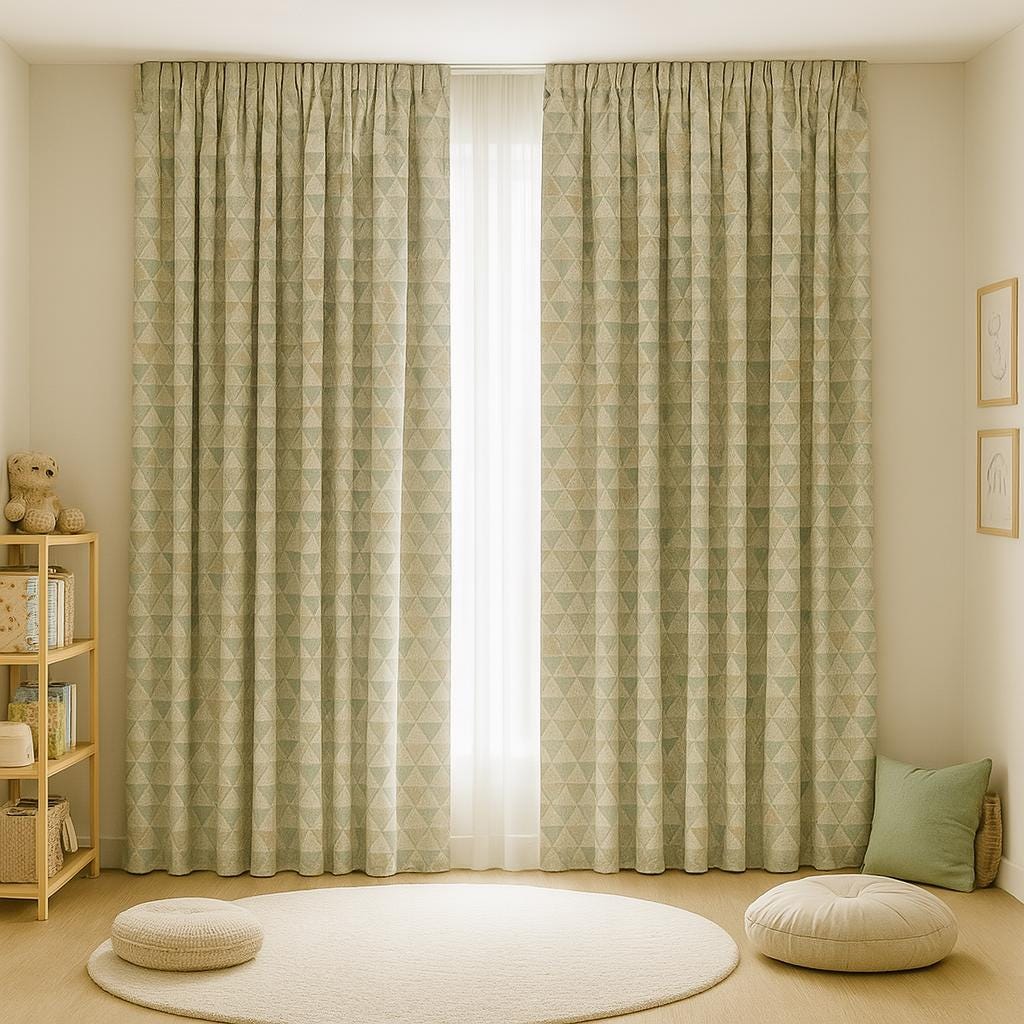 Linen Blackout Curtains - Sage, Sand & Taupe Triangles on Ivory — image 3