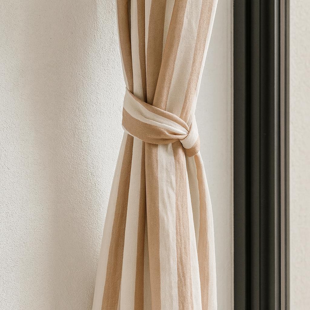 Hand Block Printed Curtains: Organic Cotton Beige Stripes - Custom Sizes — image 2