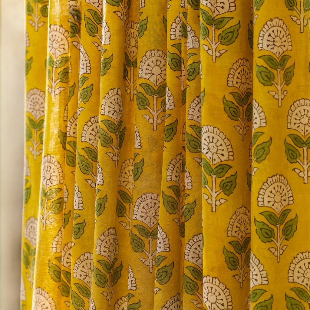 Organic Cotton Window Curtains: Marigold Floral Prints (Light-Filtering or Blackout) — image 1