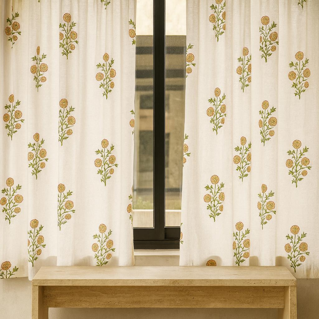Saffron Floral Curtains - Organic Cotton, Handcrafted Print — image 1