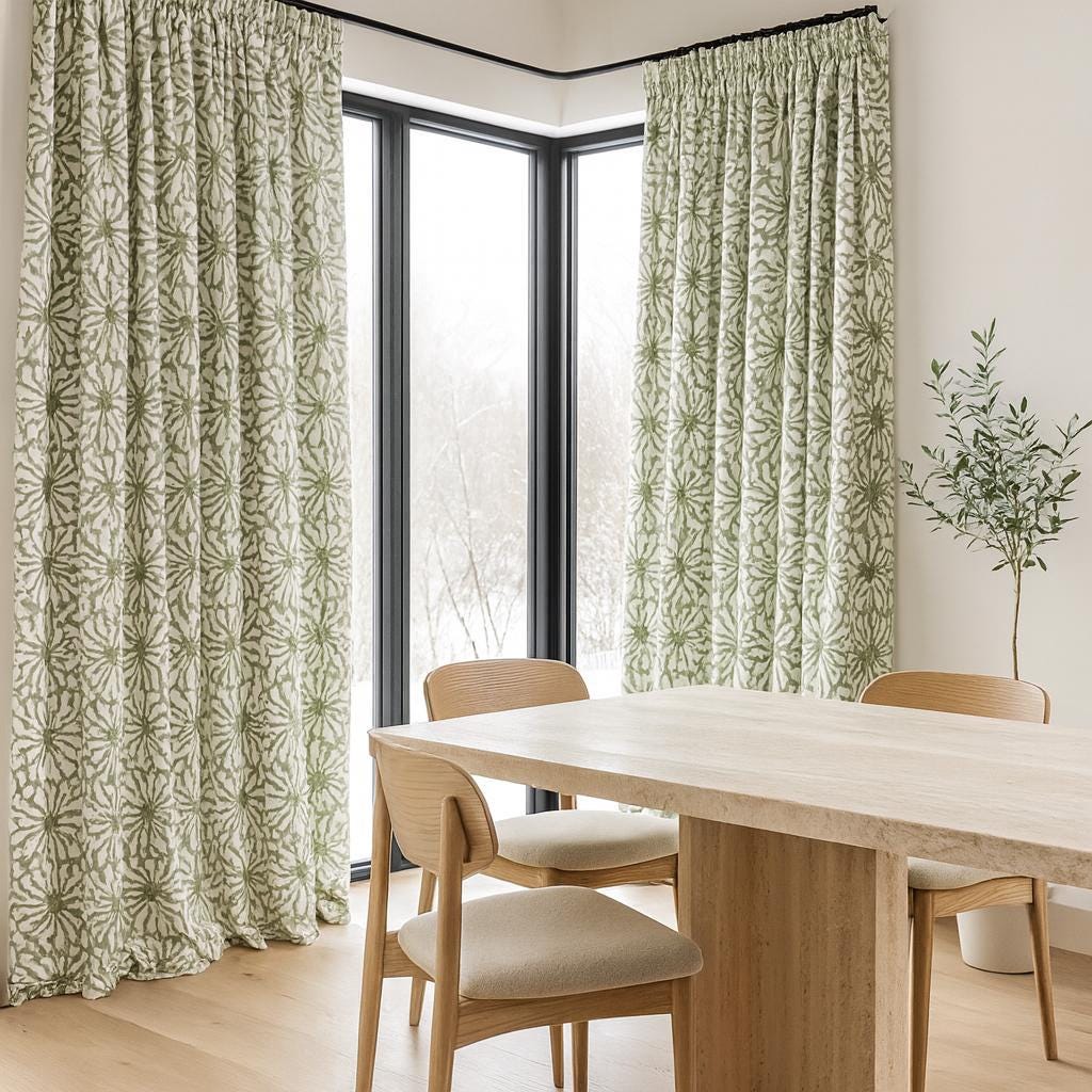 Hand Block Printed Curtains: Sage Green Floral Design (Single or Pair, Custom Size) — image 2