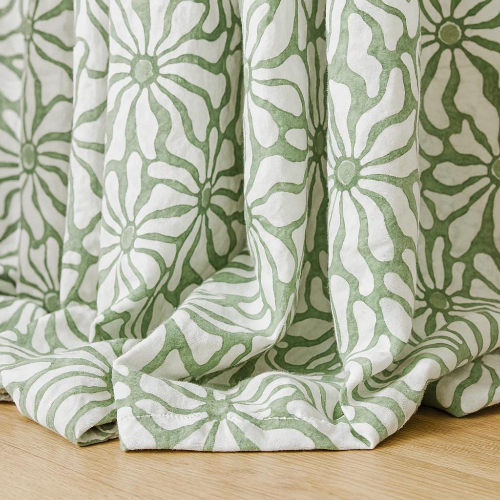 Hand Block Printed Curtains: Sage Green Floral Design (Single or Pair, Custom Size) — image 3