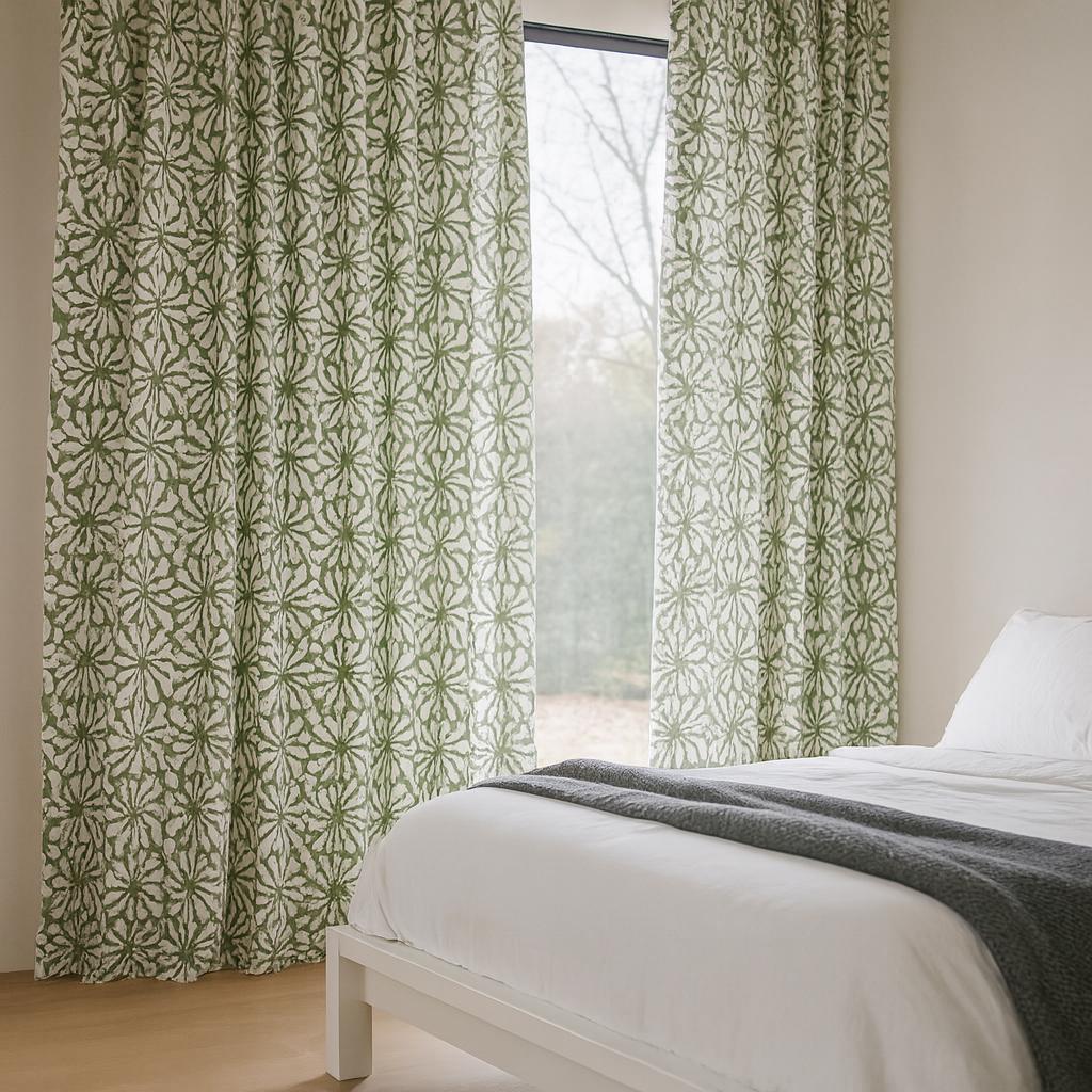 Hand Block Printed Curtains: Sage Green Floral Design (Single or Pair, Custom Size) — image 4