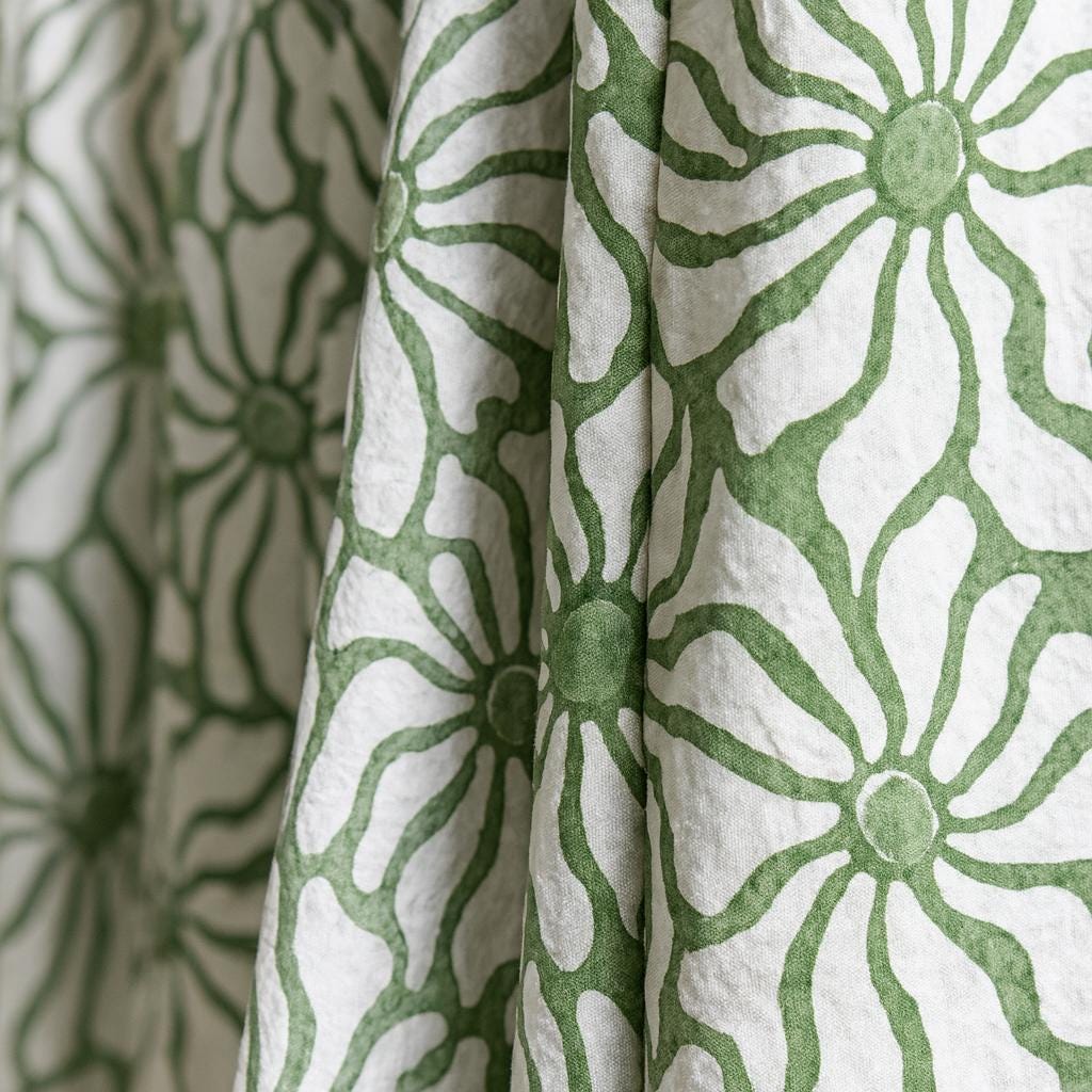 Hand Block Printed Curtains: Sage Green Floral Design (Single or Pair, Custom Size) — image 5