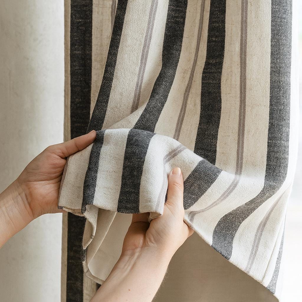 Farmhouse Linen Curtains: Organic Flax with Charcoal & Taupe Stripes — image 1