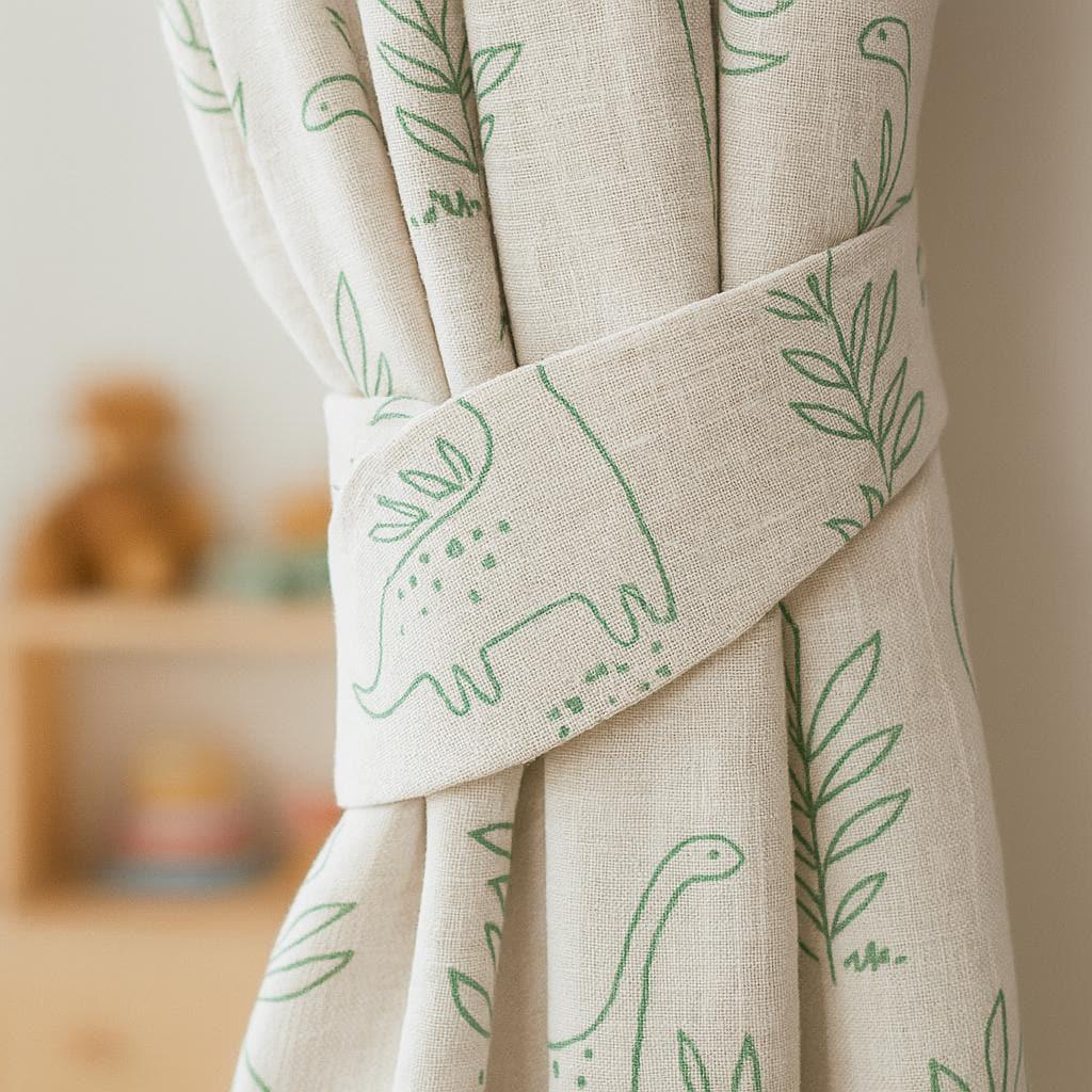 Organic Linen Kids Curtains: White with Green Dinosaur Print — image 5