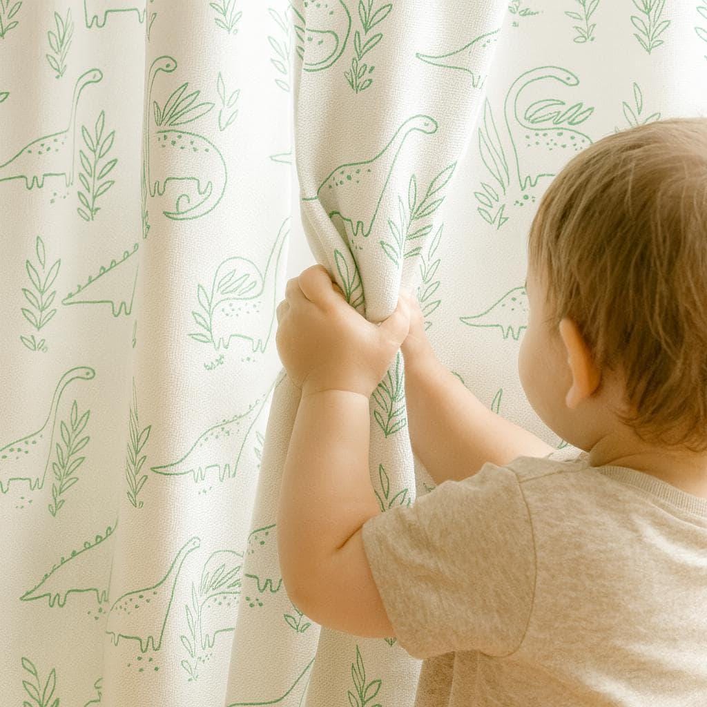 Organic Linen Kids Curtains: White with Green Dinosaur Print — image 7