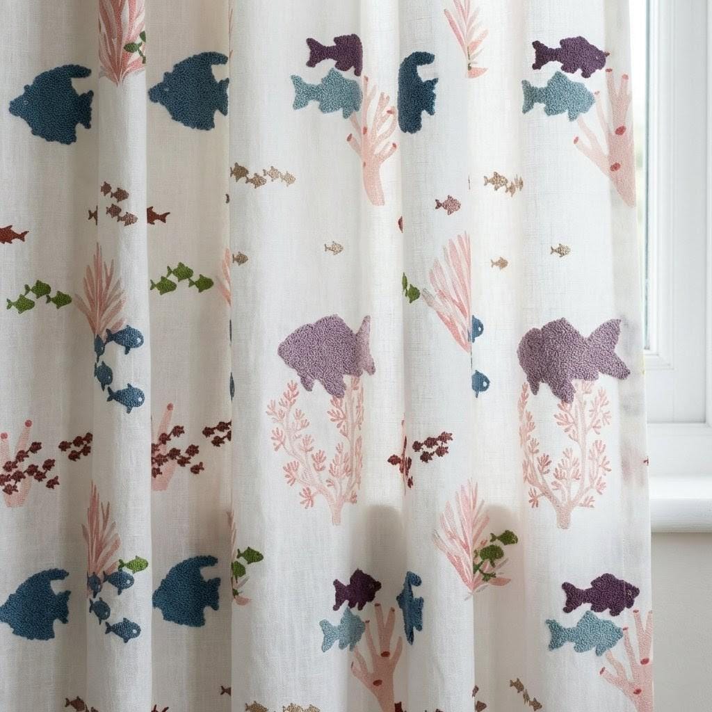 White Linen Embroidered Curtains: Fish & Coral, Kids Room — image 9