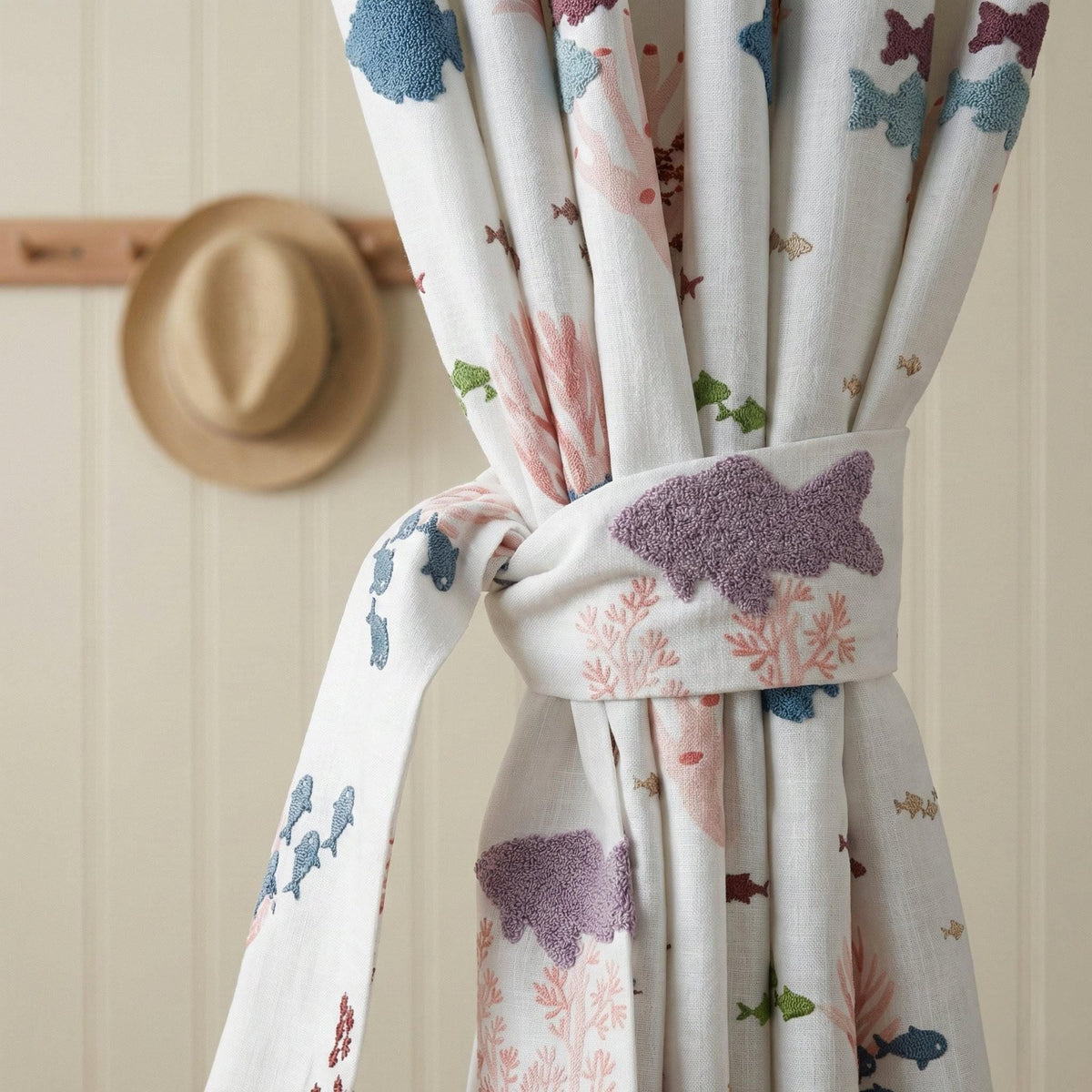 White Linen Embroidered Curtains: Fish & Coral, Kids Room — image 2