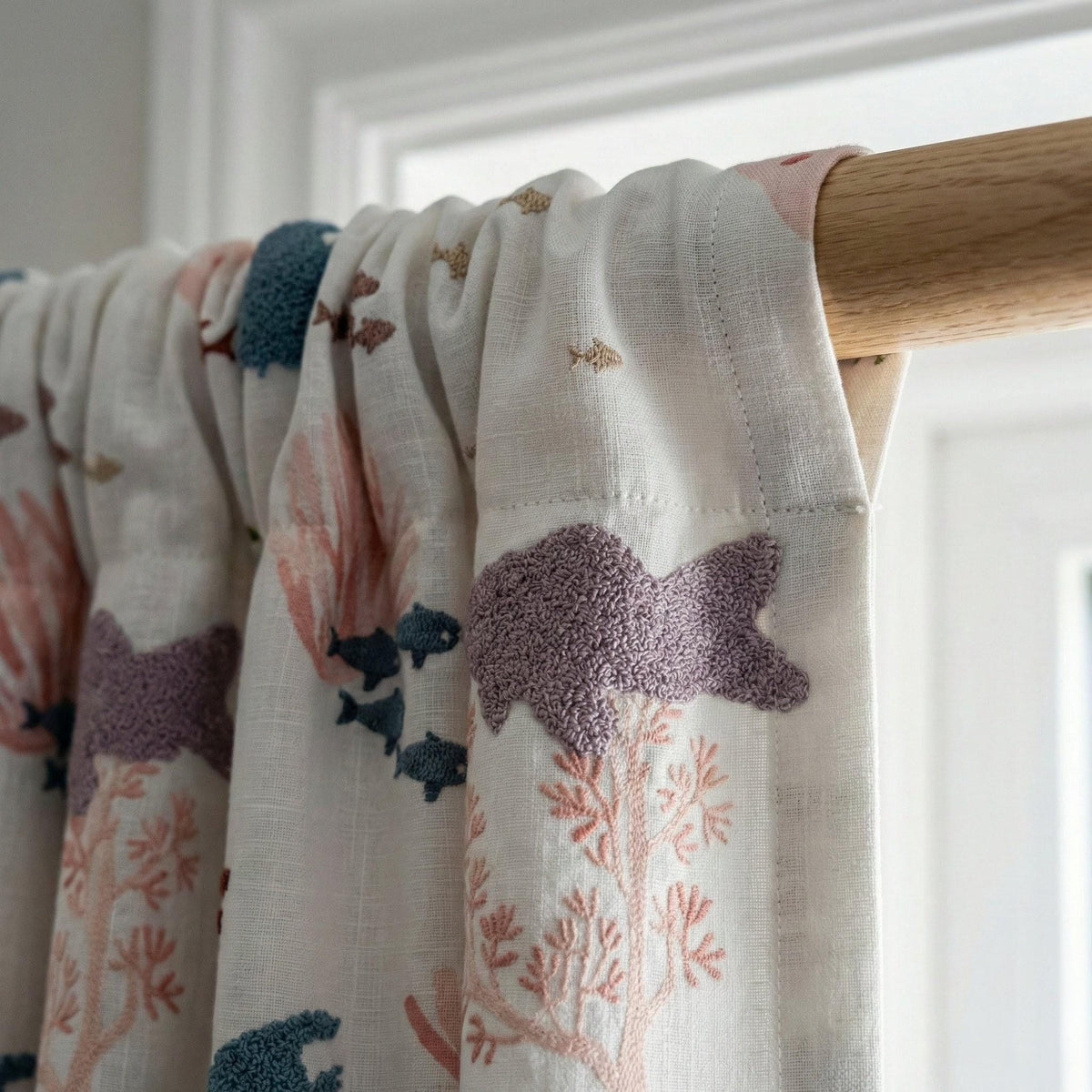 White Linen Embroidered Curtains: Fish & Coral, Kids Room — image 5