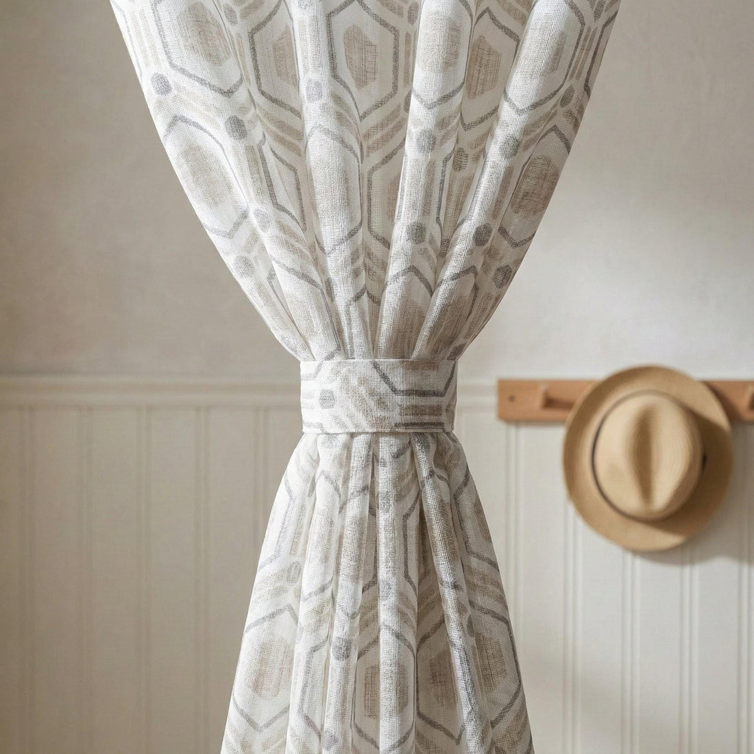 White Linen Sheer Curtain, Geometric Hexagon Print, Nursery Drapes — image 1